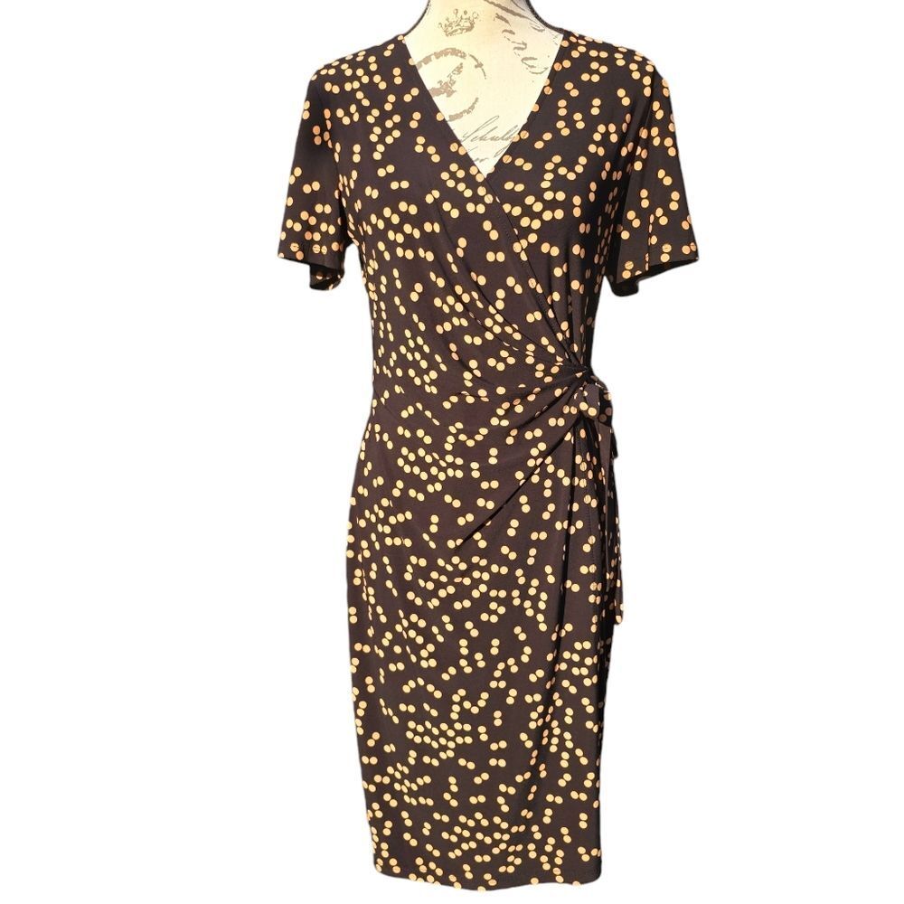 Anne Klein Black Tan Polka Dot Faux Wrap Dress Short Sleeve Knee Length Size‎ 10
